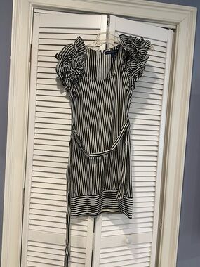 French Connection Black and White Vertical-Stripe Ruffle-Sleeve Mini Dress
